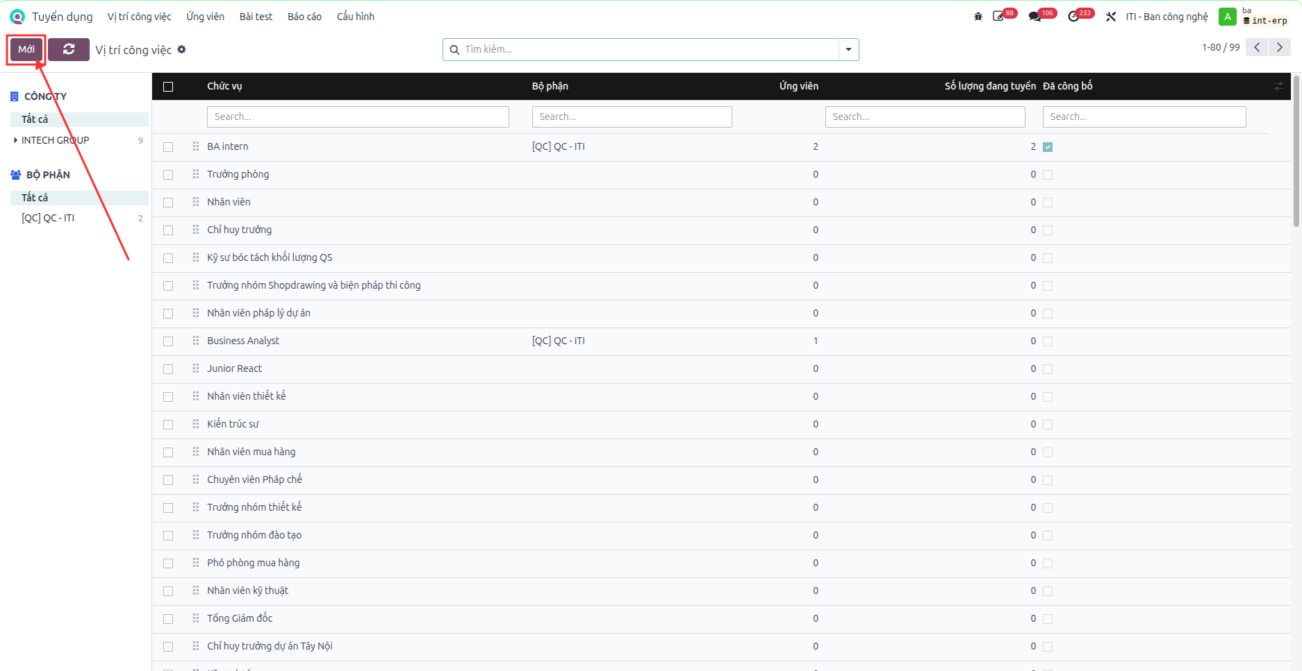 Job positions screen with the New button