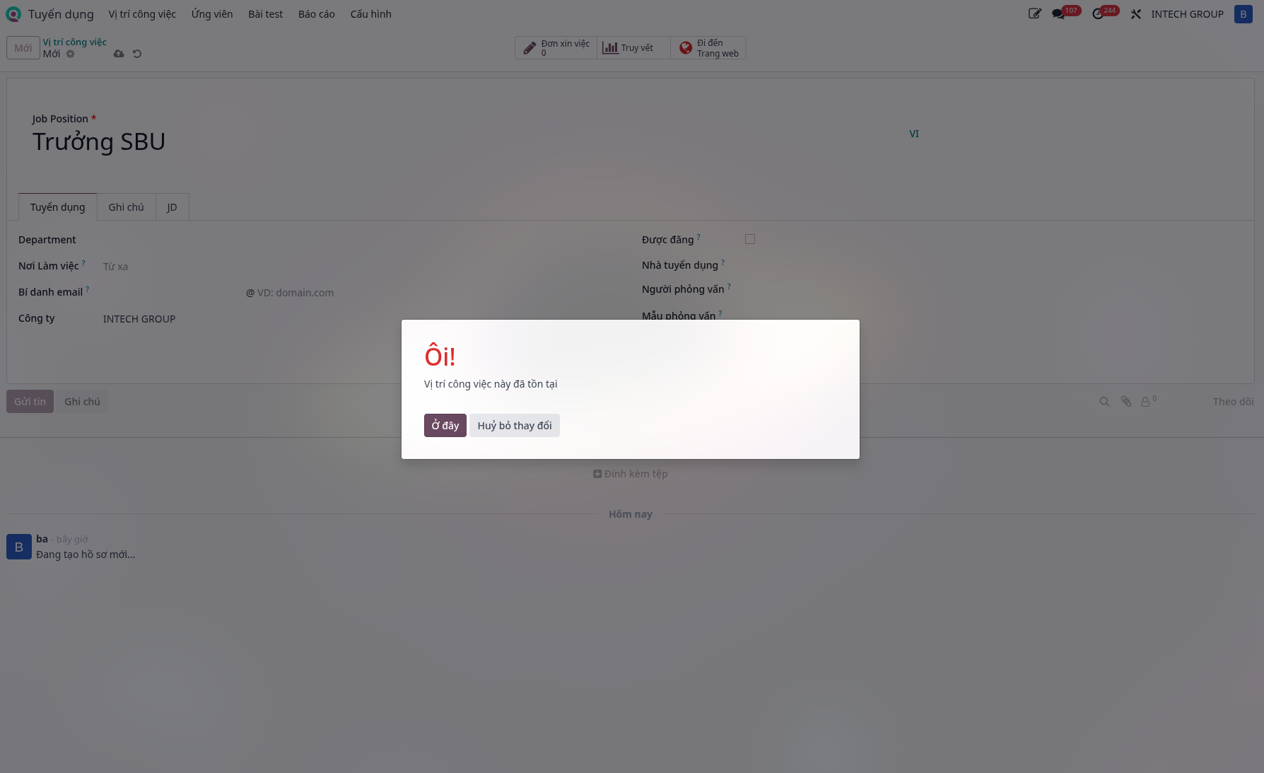 Error message for a duplicate job position title