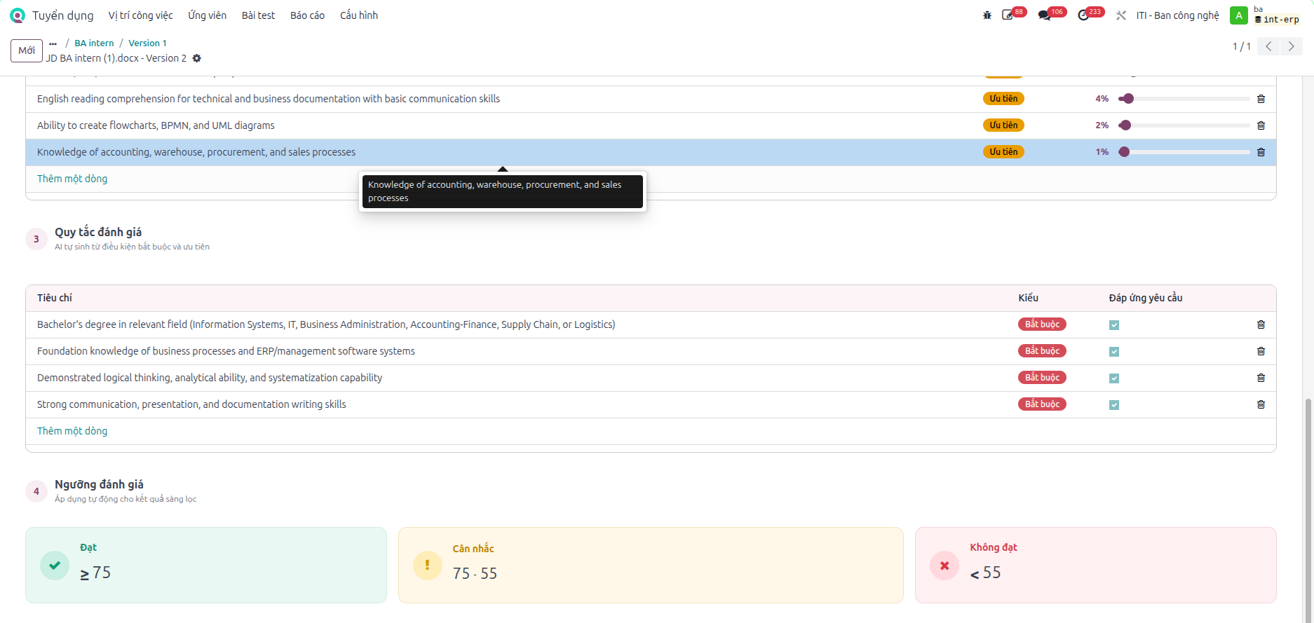 AI analysis of the JD with criteria and thresholds
