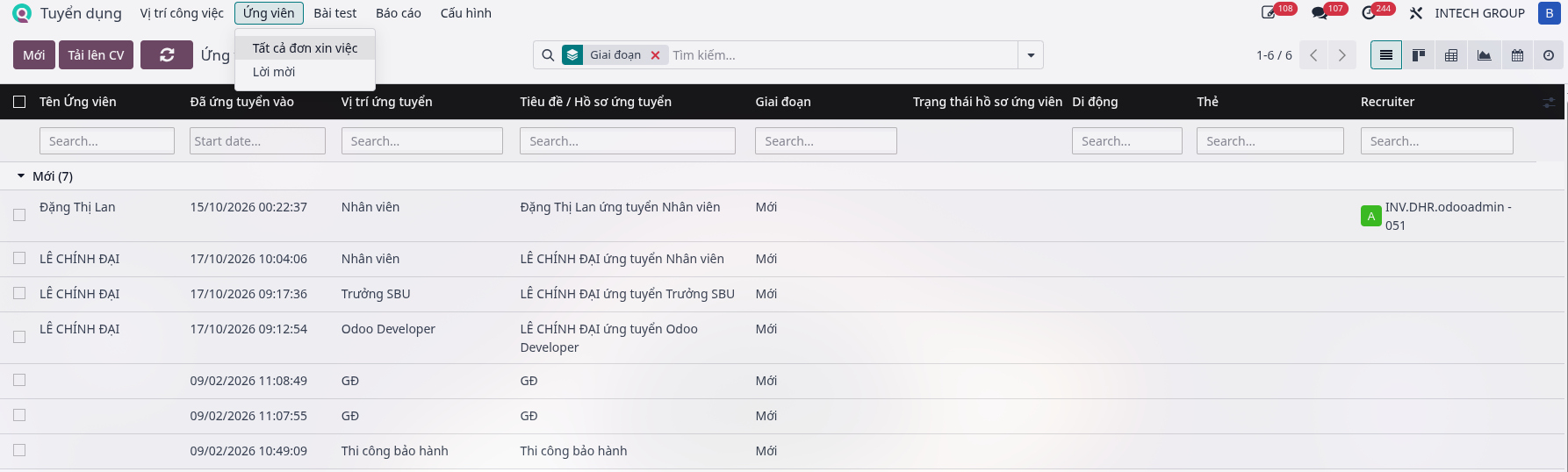 Upload CV button in the applications list