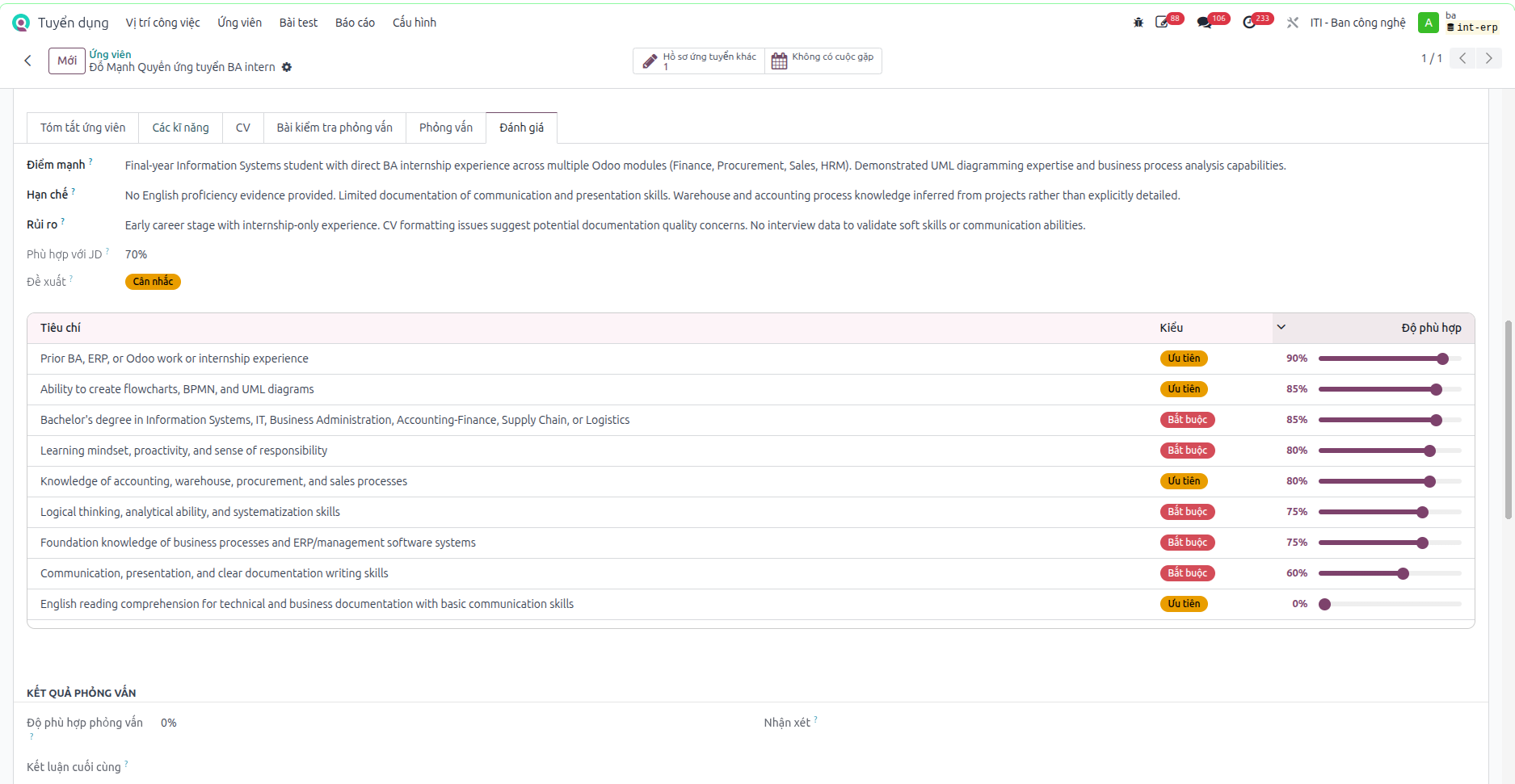 Evaluation tab of the applicant