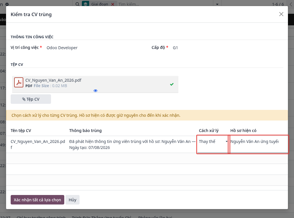 Selecting the handling method of a duplicate CV