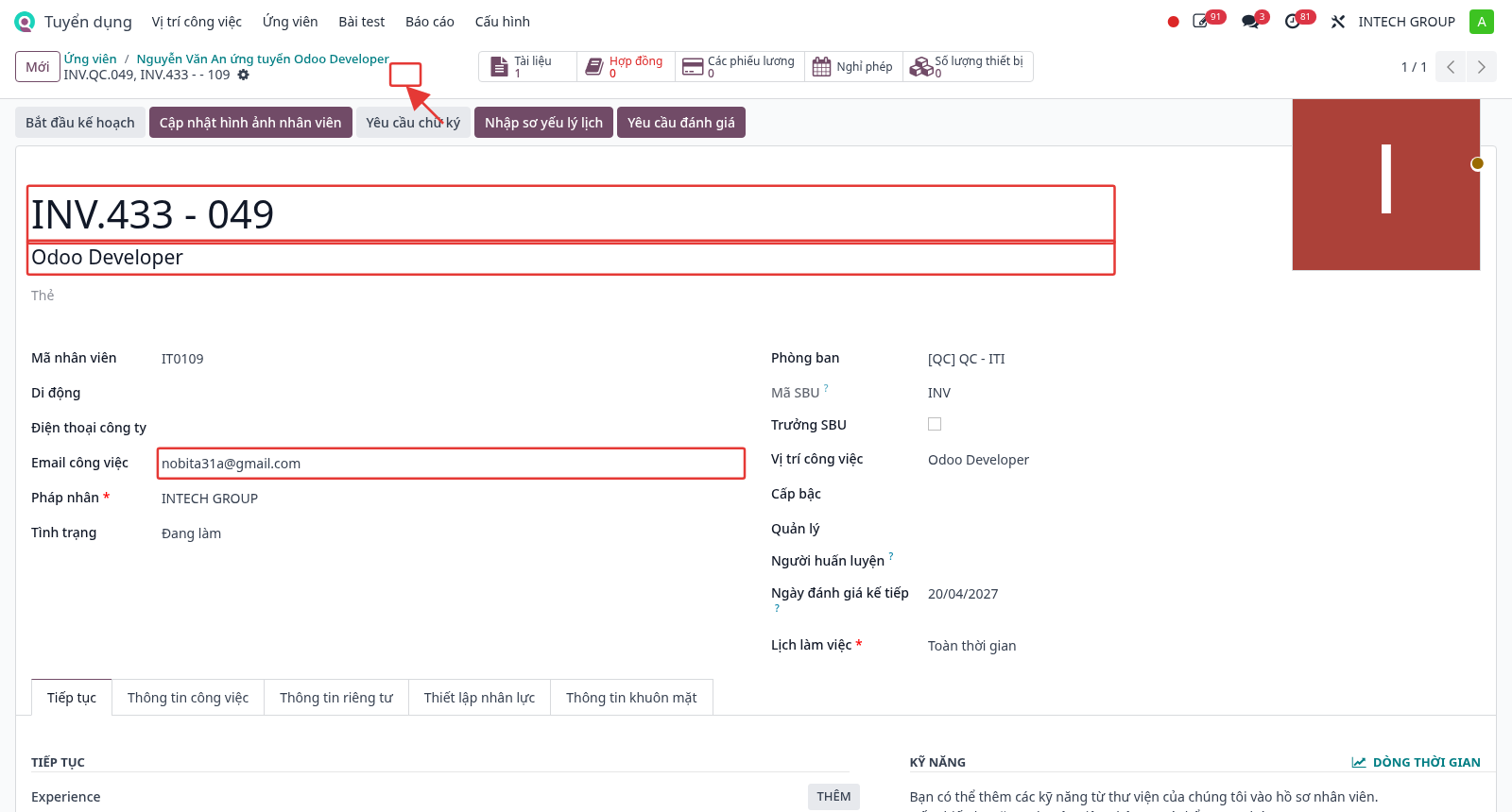 Employee form created from the applicant