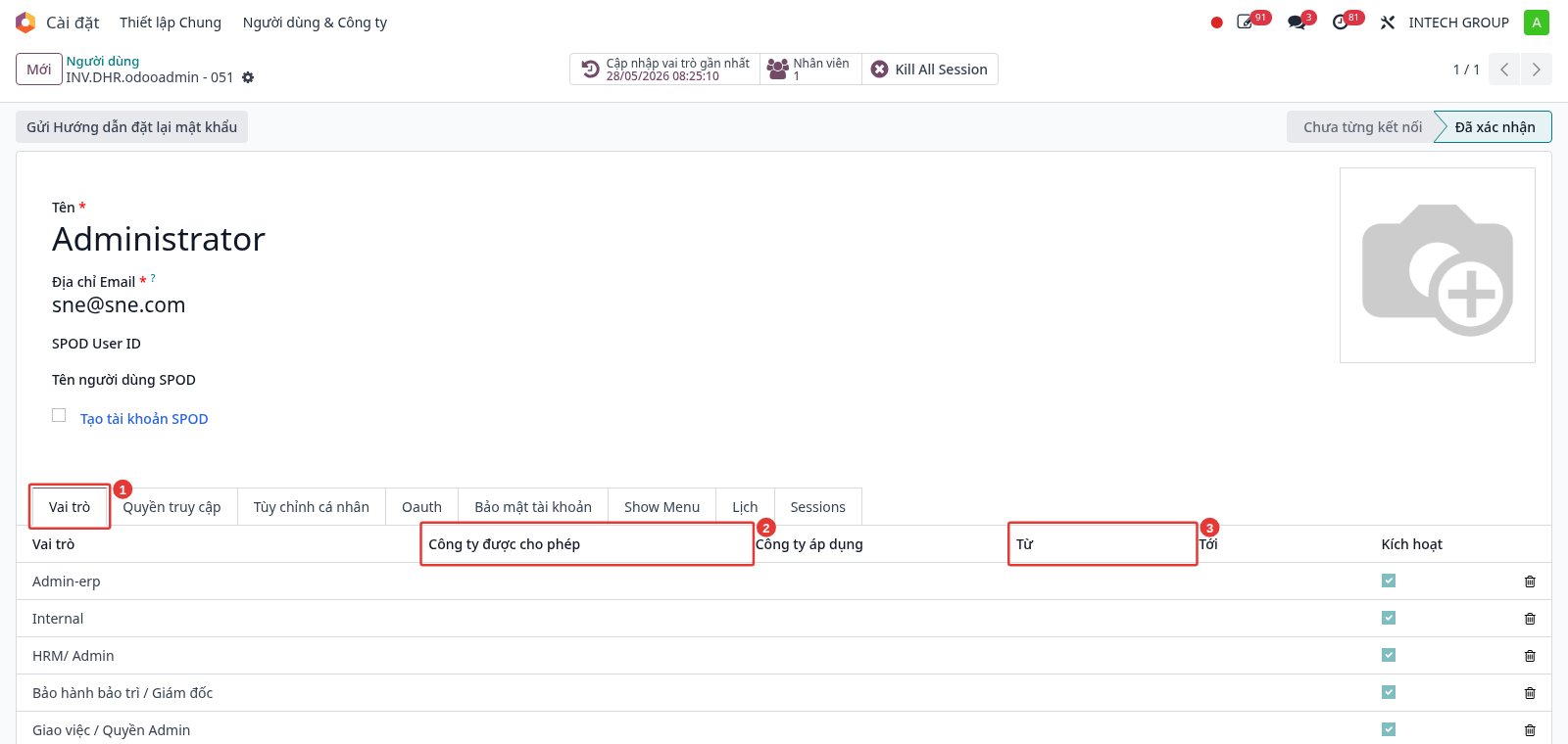 Roles tab of the user form