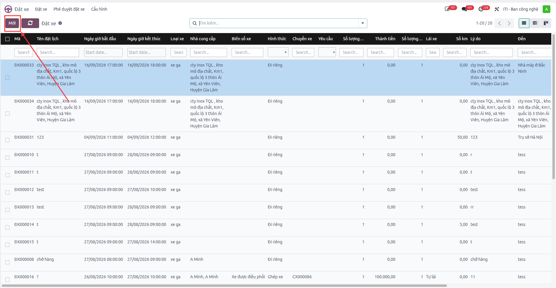 Fleet car booking request list view with New button.