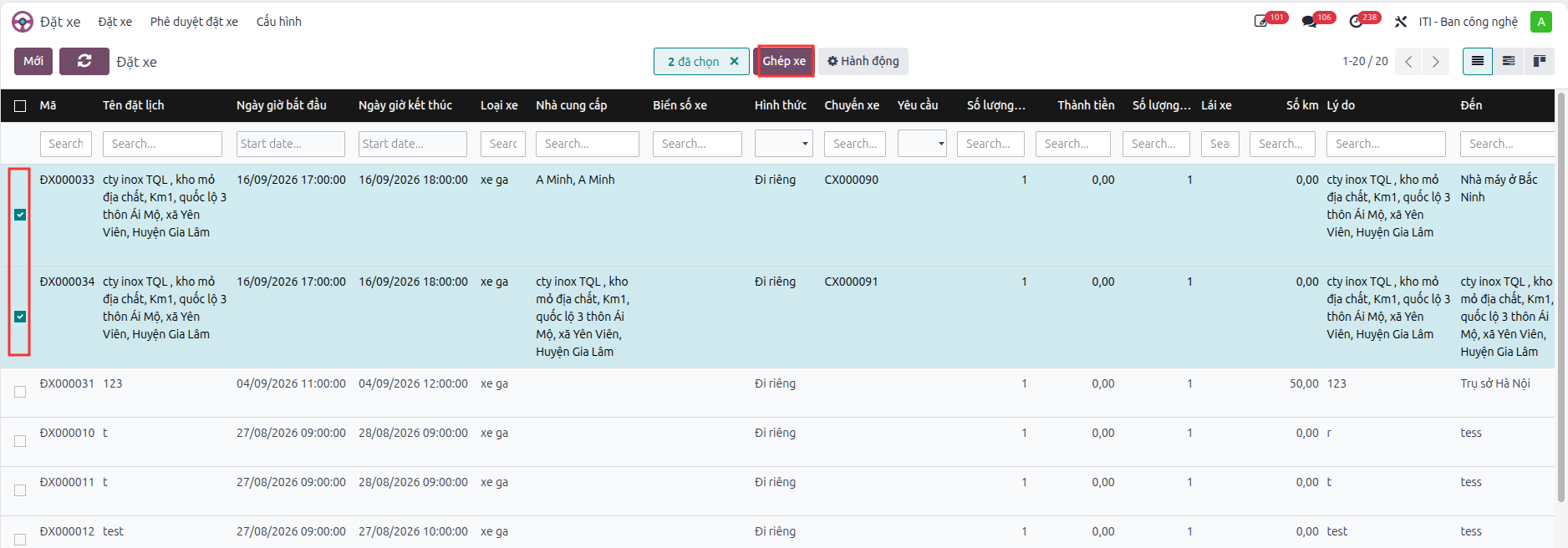Select multiple booking requests for pooling.