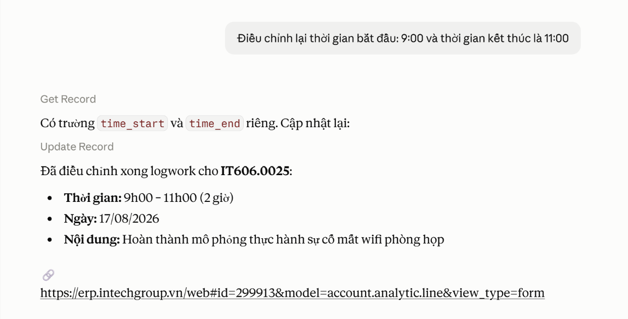 Successful logwork update confirmation on Claude
