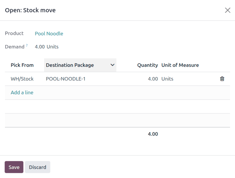 The Detailed Operations pop-up for a product in a delivery order.