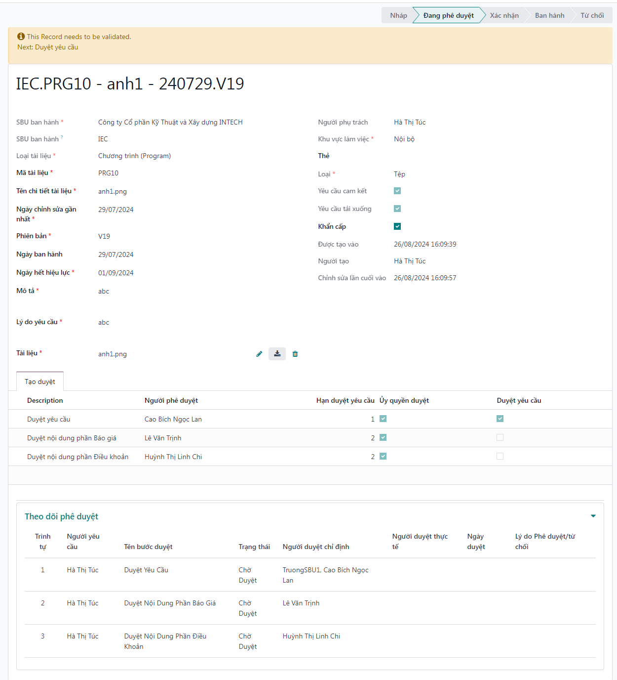 Document transitioning to pending approval status and routing to reviewers