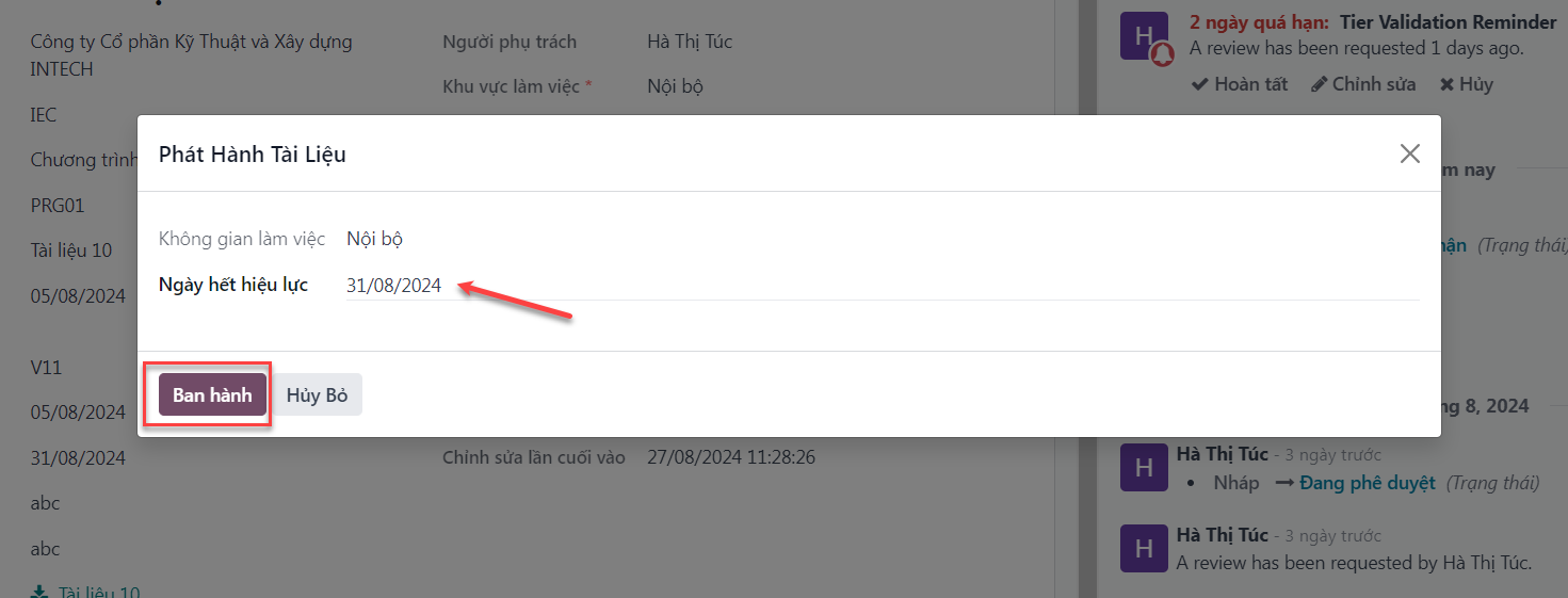Clicking publish action button on confirmed document header