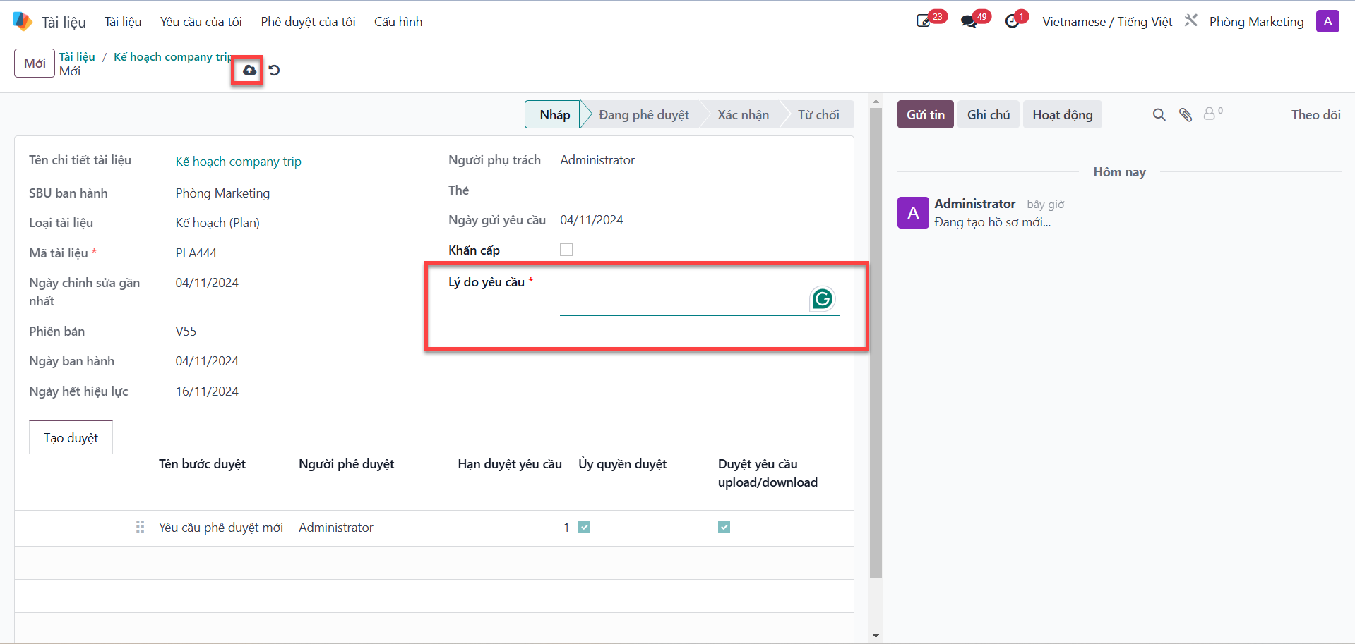 Providing operational justification reason and saving download requisition