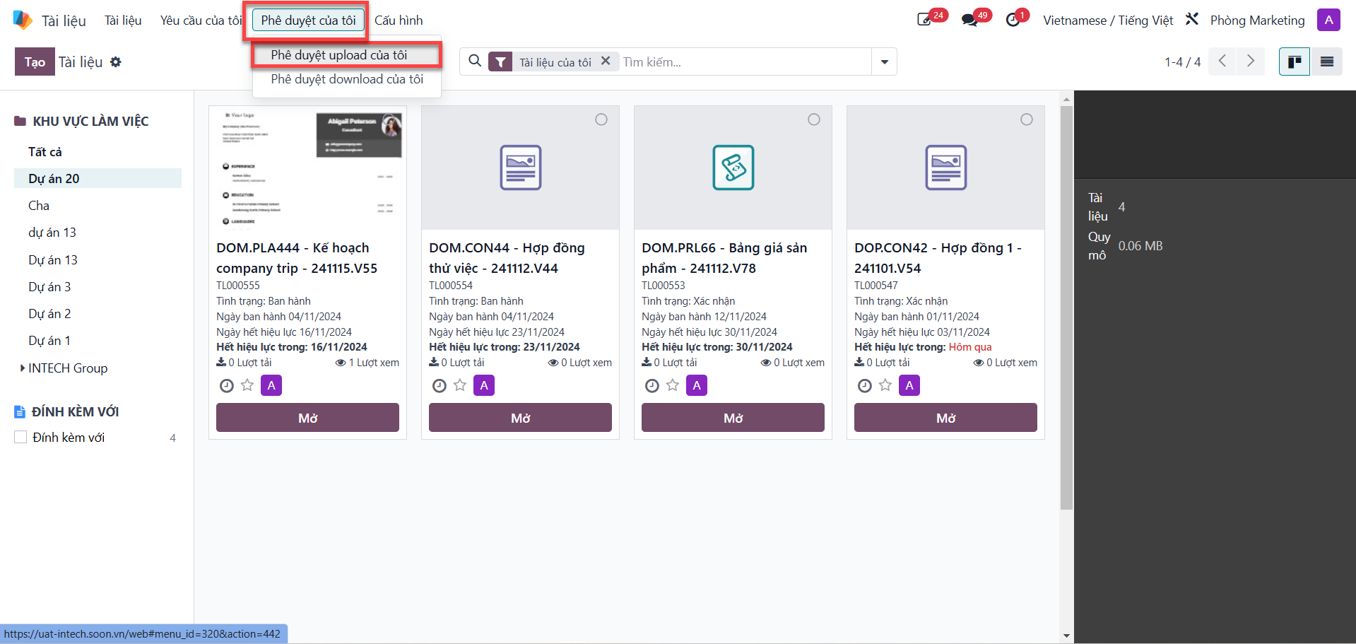 Accessing the my approvals tab from the document menu