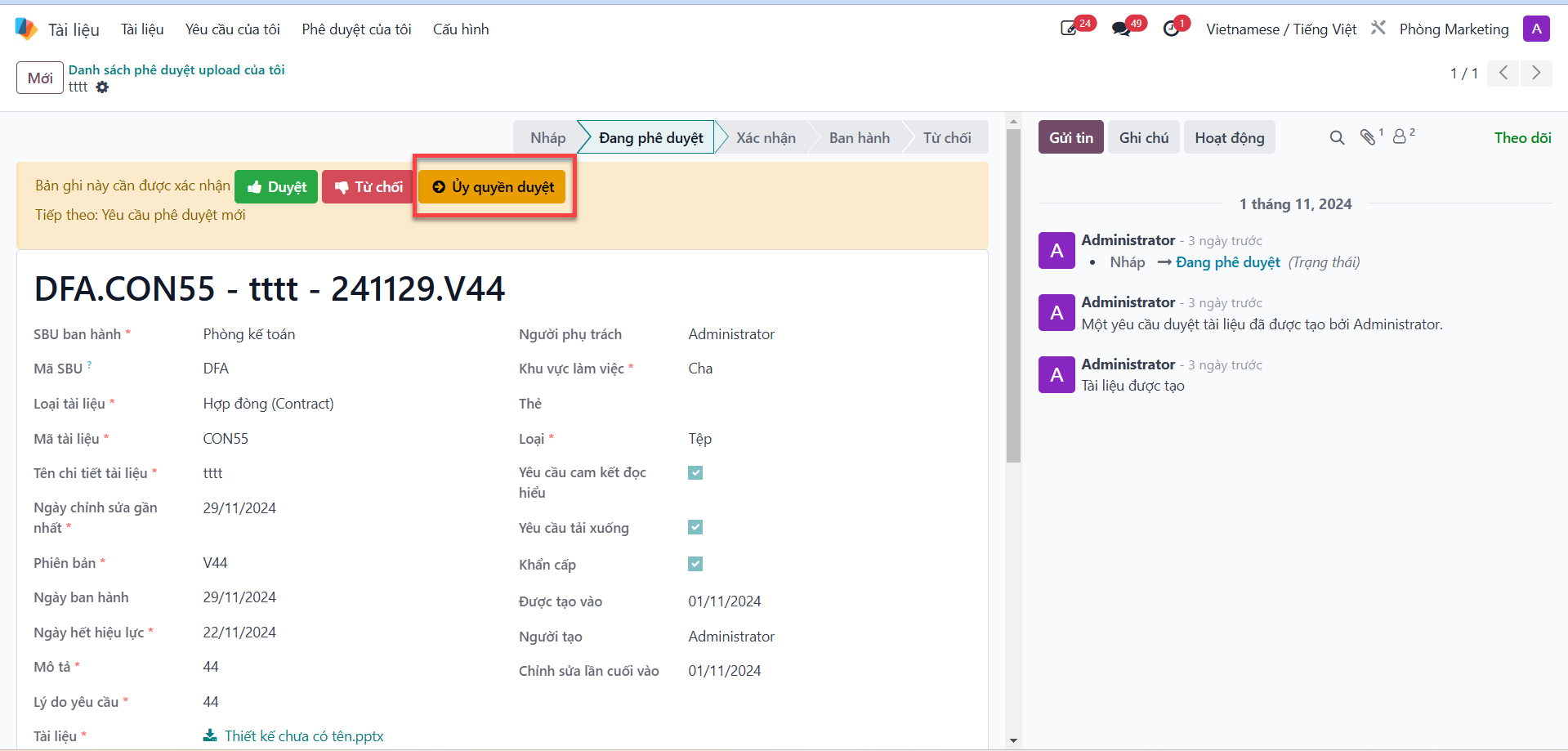 Clicking delegate action button in document requisition details