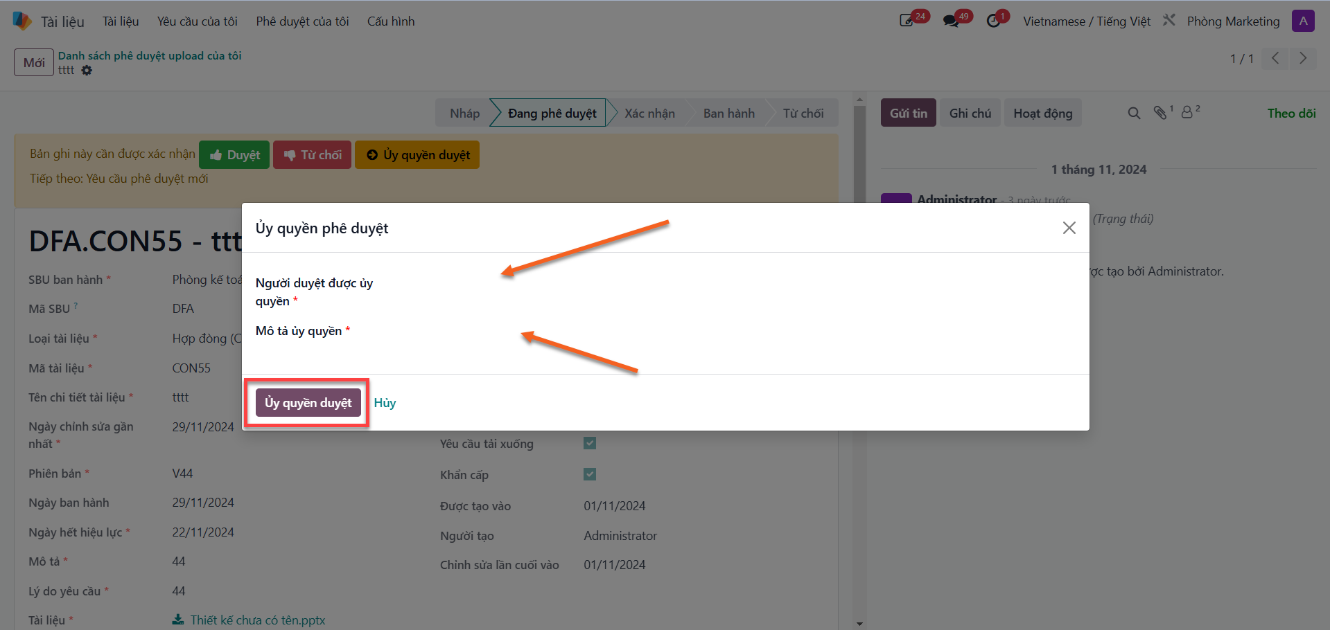 Configuring delegate recipient, entering description, and confirming delegation
