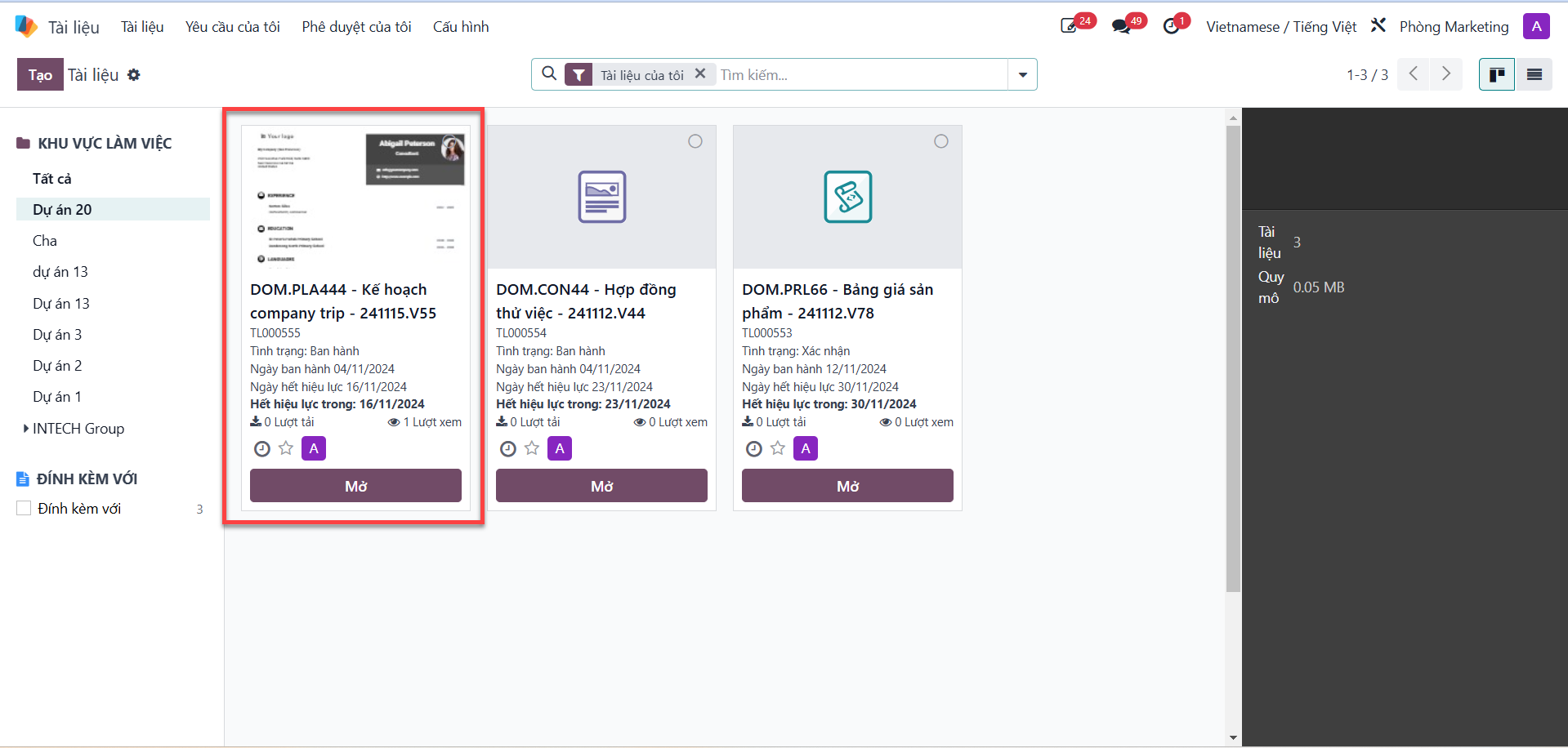 Selecting published document from documents repository list