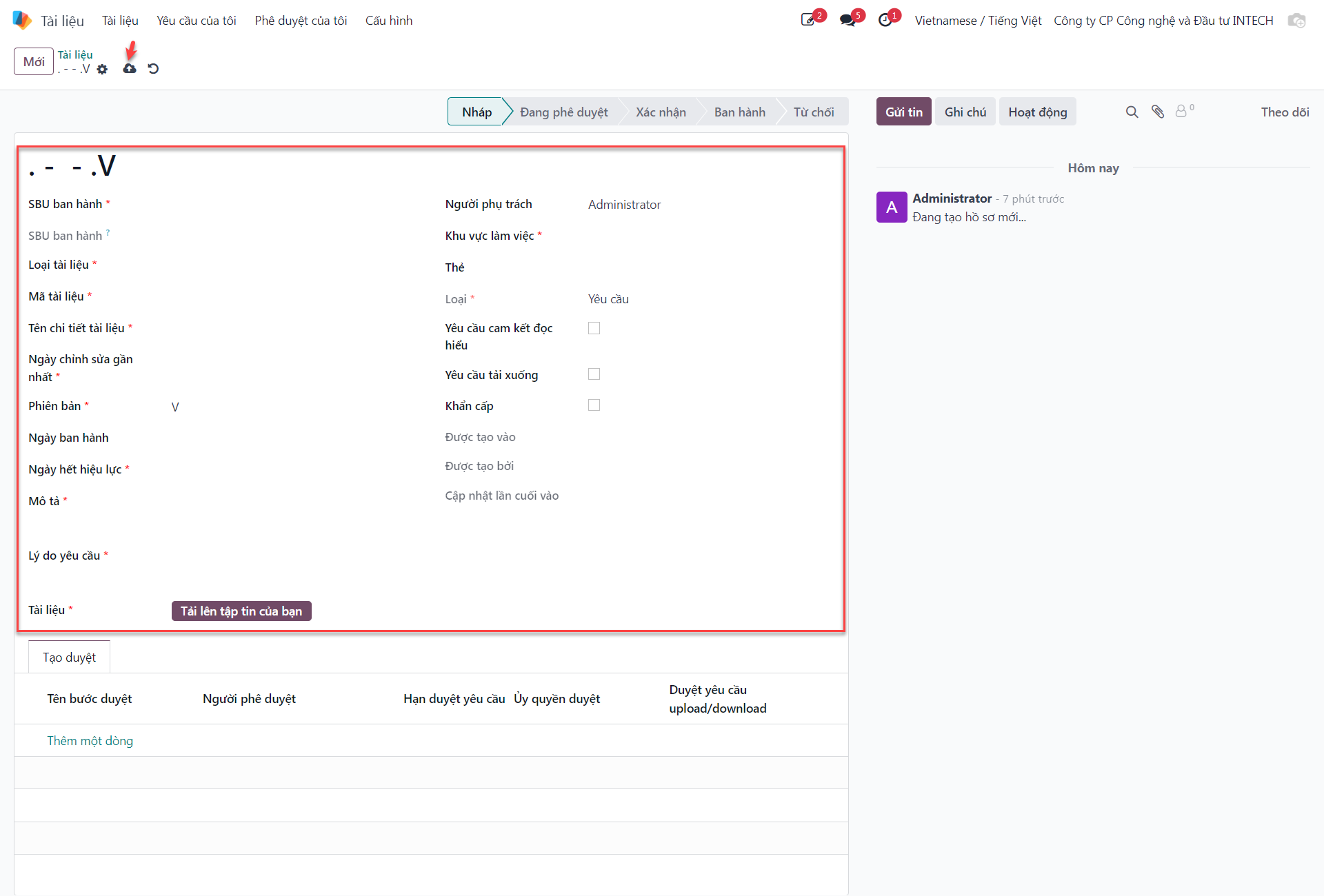 Completing document upload requisition parameters and saving
