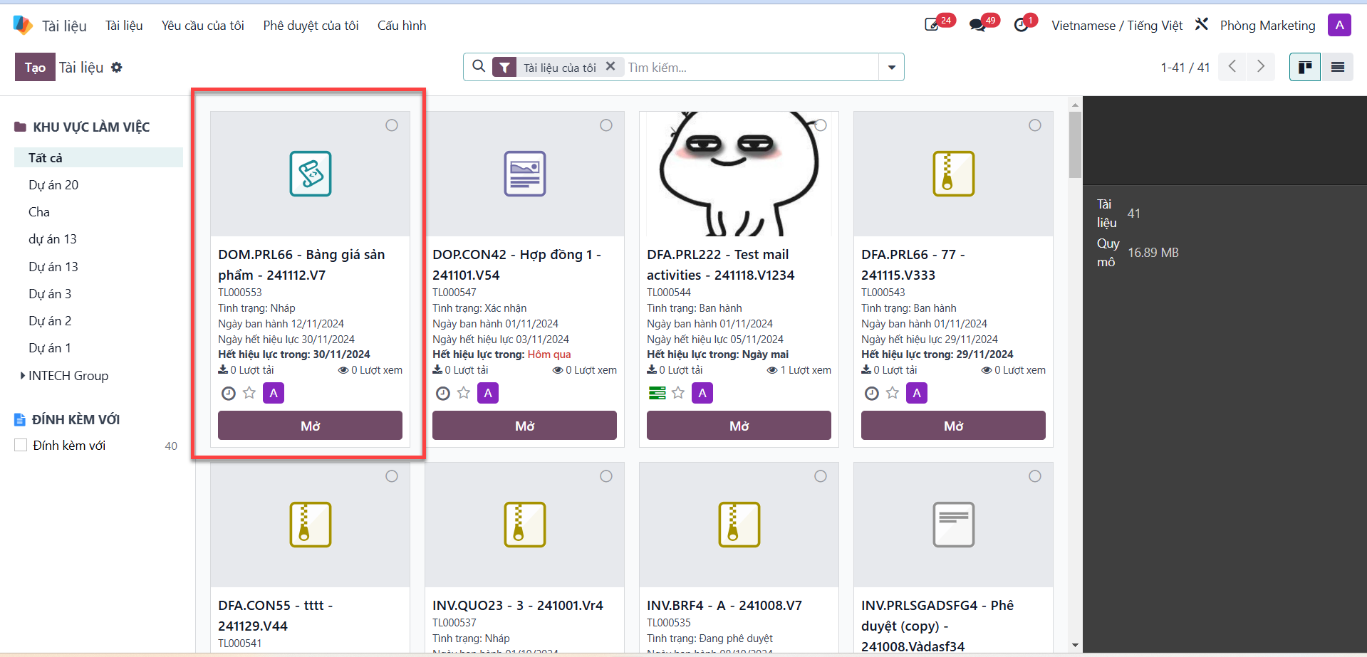 Selecting a draft document and opening detail view