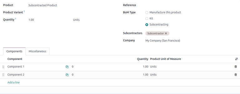 The BoM of a product with components dropshipped to the subcontractor.