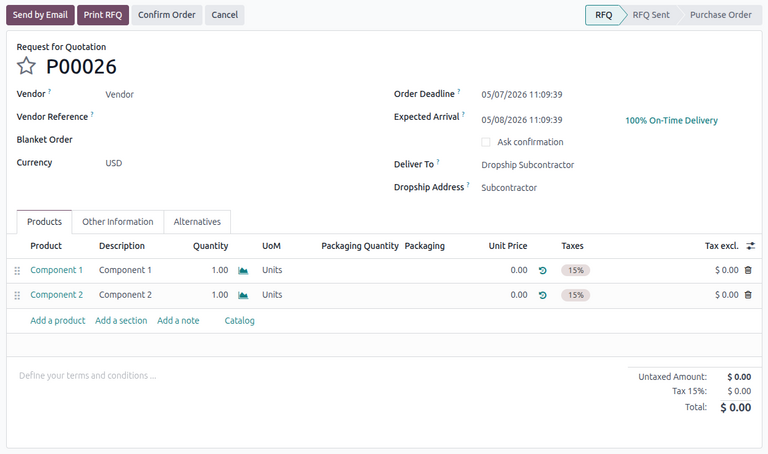 Vendor RfQ for the dropshipped components of a subcontracted product.