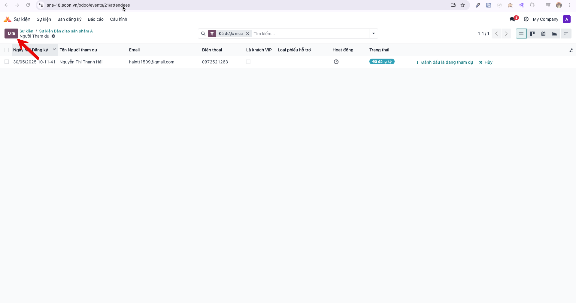 Attendees list view with New button