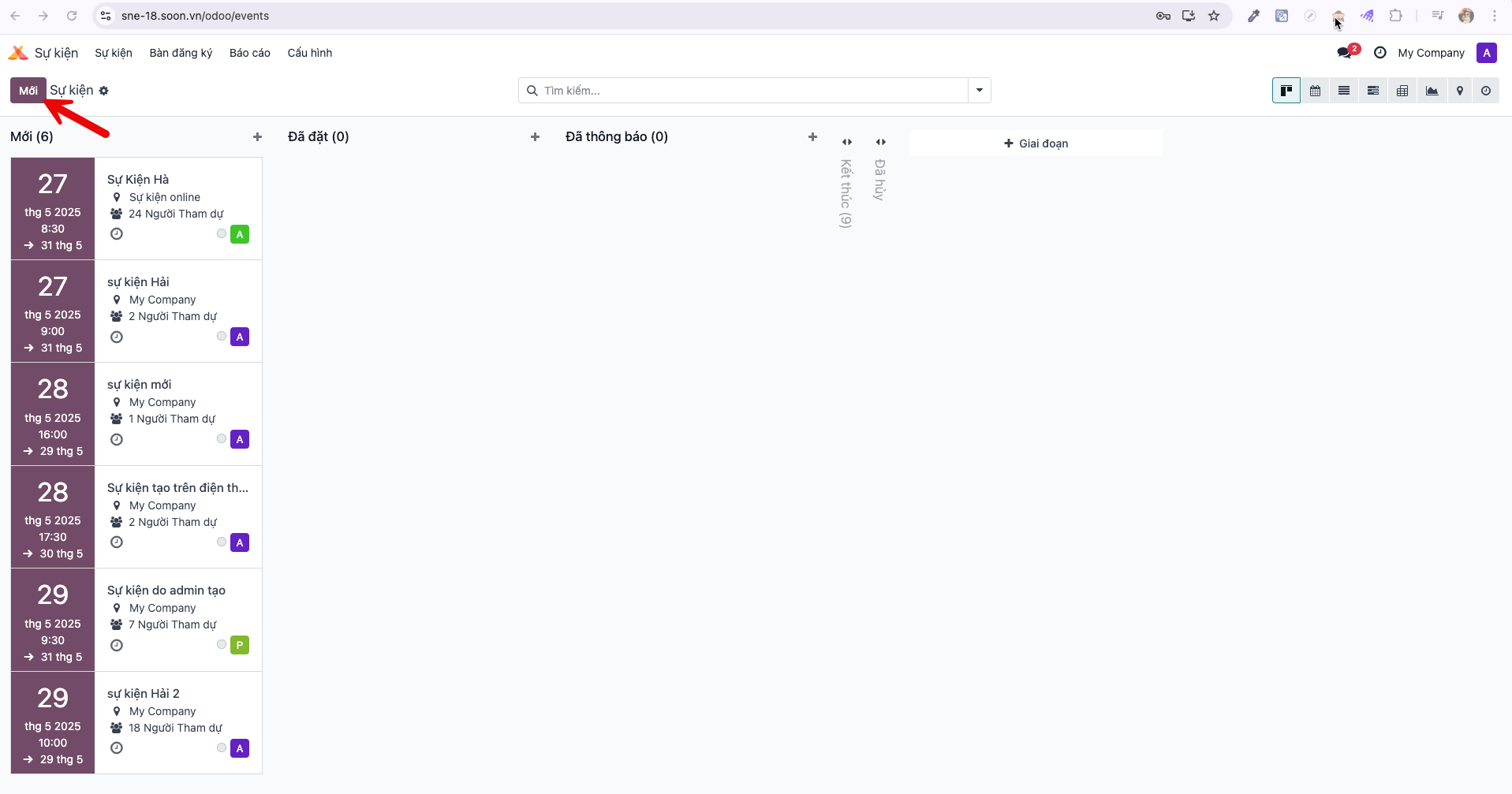 Events master view with New button