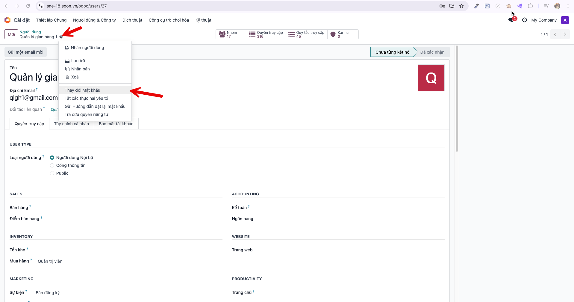 Selecting Change Password from Actions menu