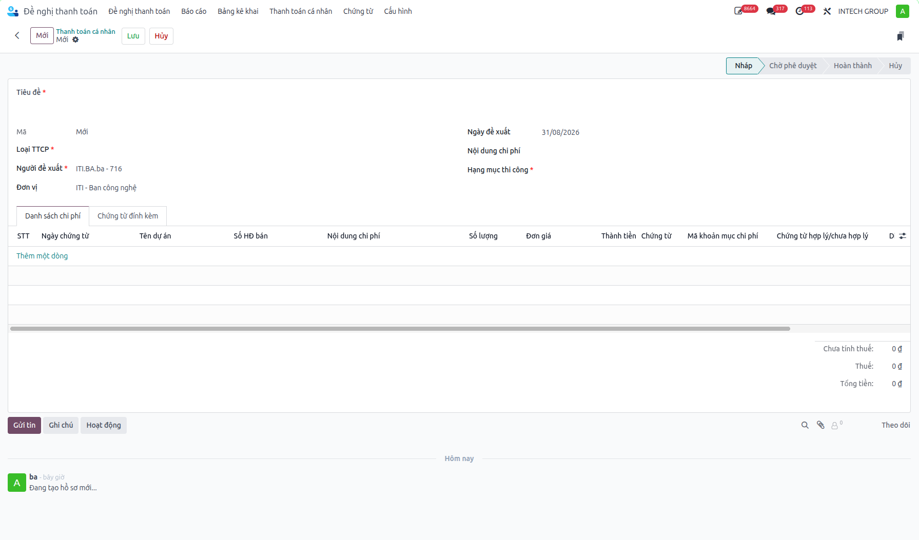 Entering personal expense header and line items