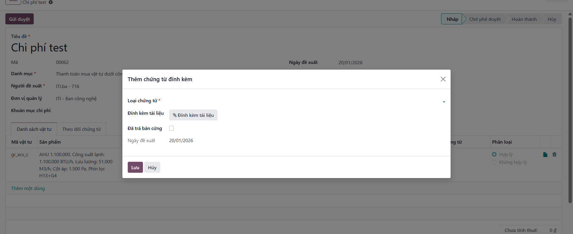 Document upload popup appearing for line item