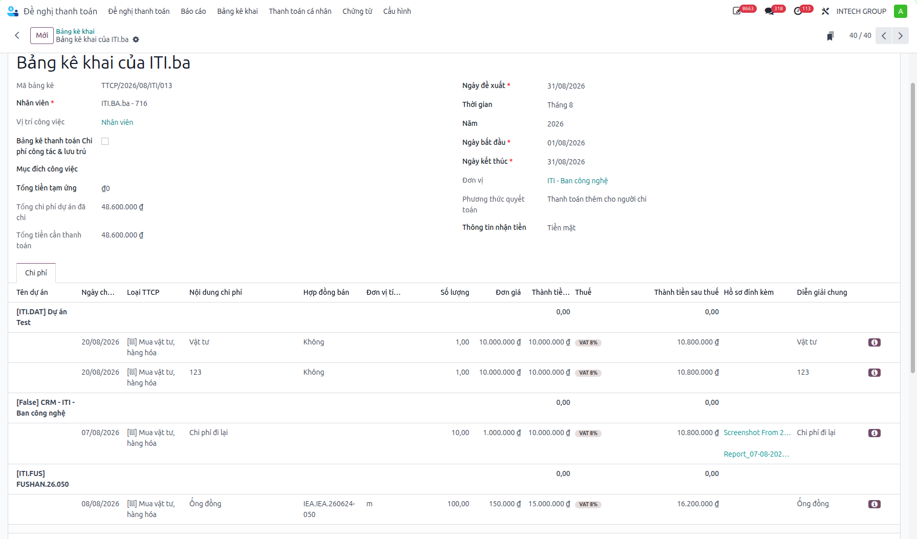 Monthly expense statement aggregated and grouped by project