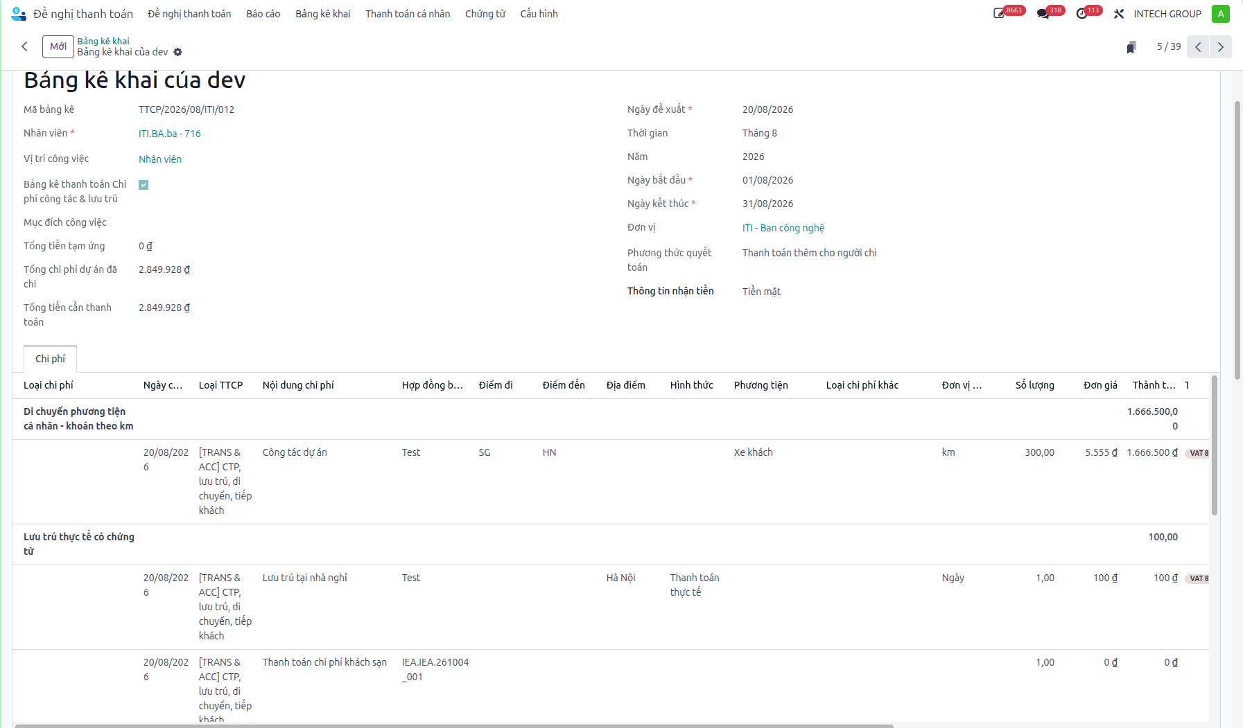 Switching declaration to travel and lodging expense categories