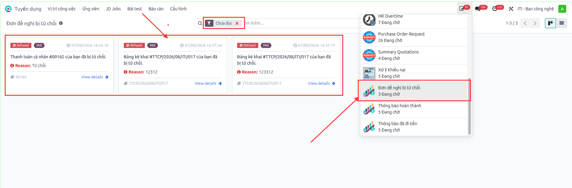 Rejection notification alert displayed in system notification feed