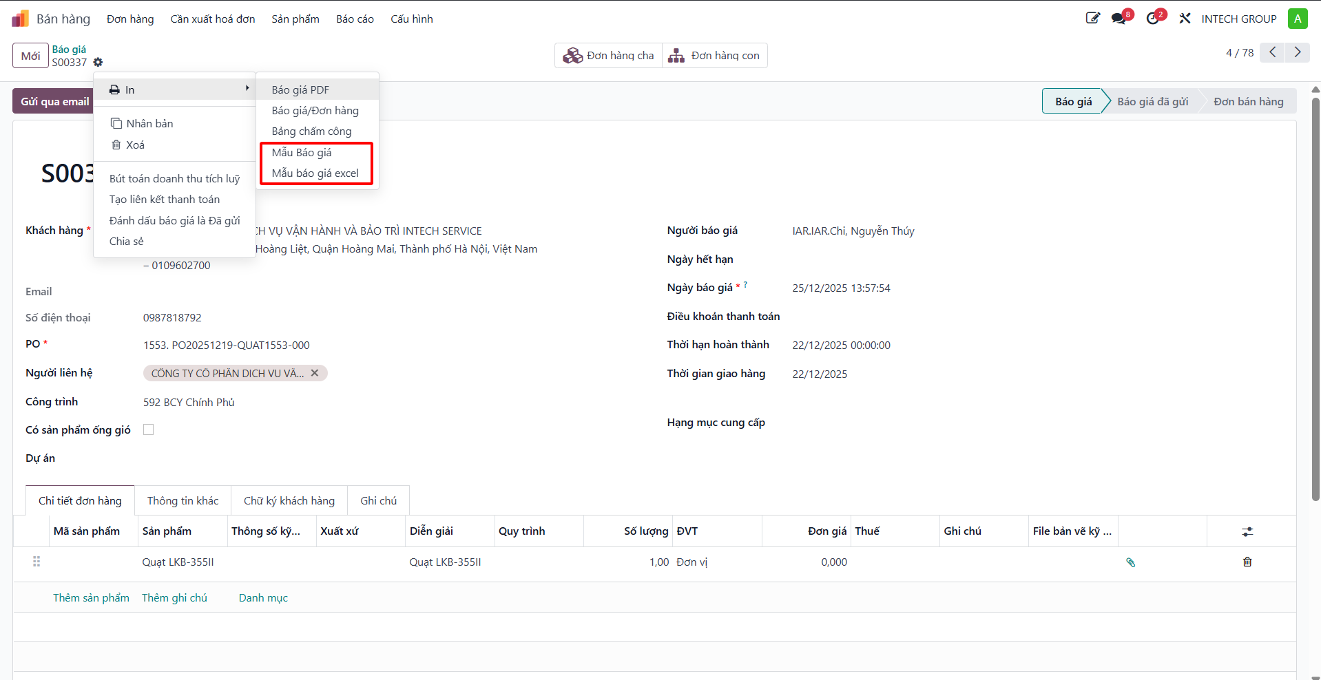 Printed sales quotation form