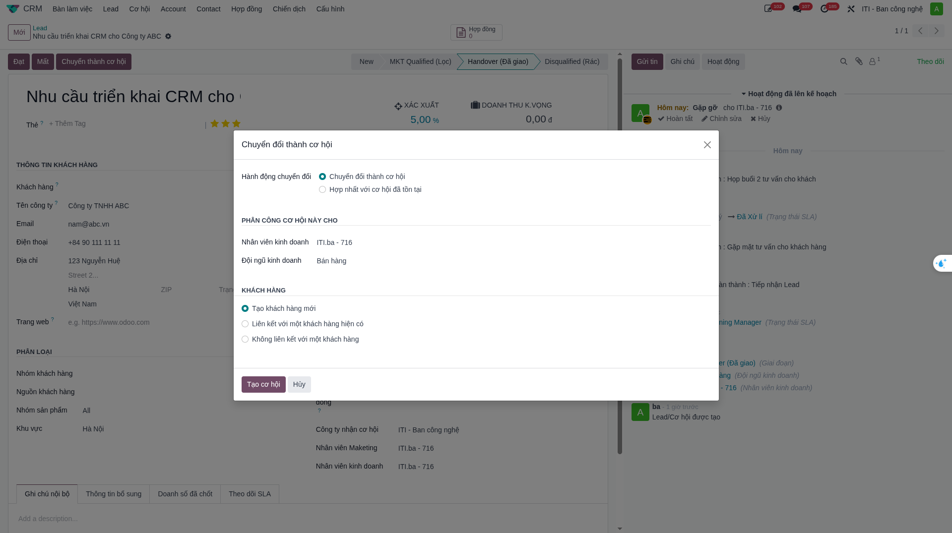 Convert to opportunity configuration modal