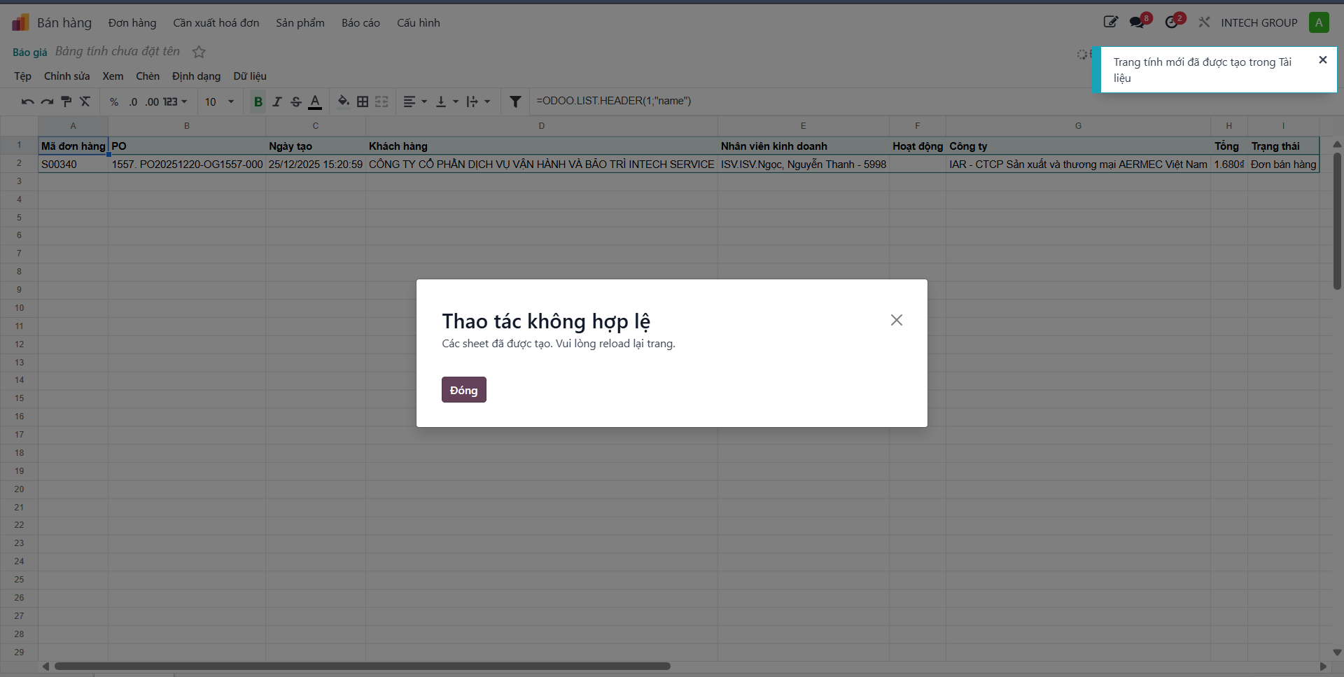 Confirming spreadsheet creation
