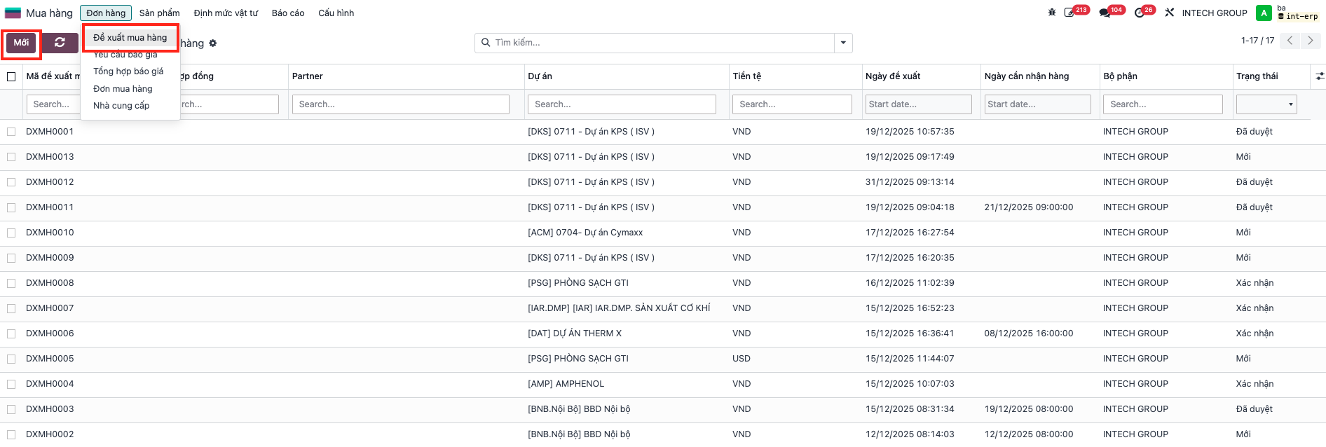 Purchase request menu and creating a new purchase request