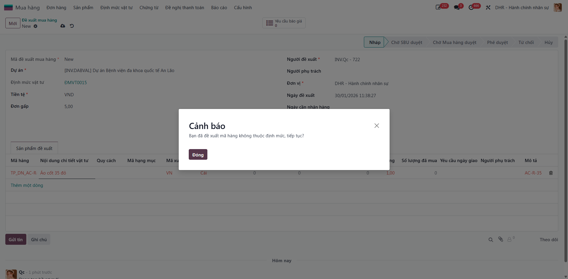Selecting project and populating material lines from quota