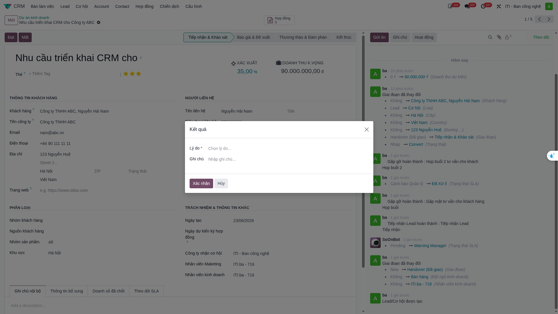 Won opportunity confirmation popup and revenue entry