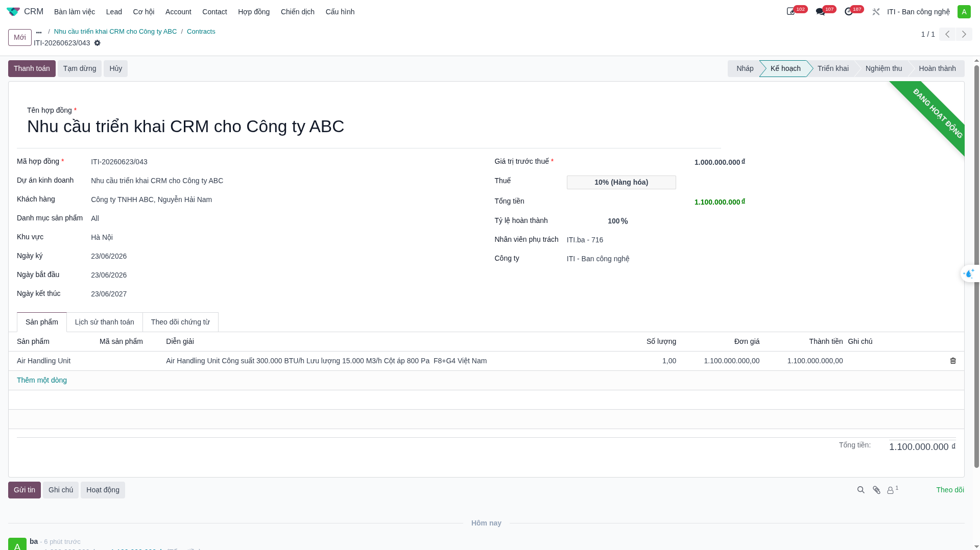 Contract management form and detailed product breakdown