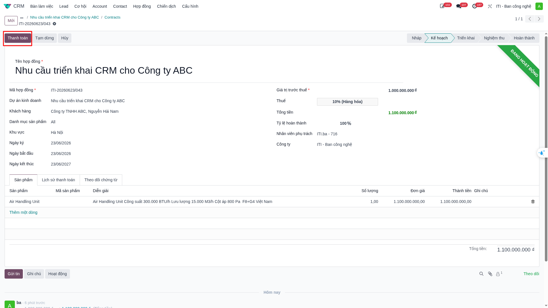 Register payment button on contract form