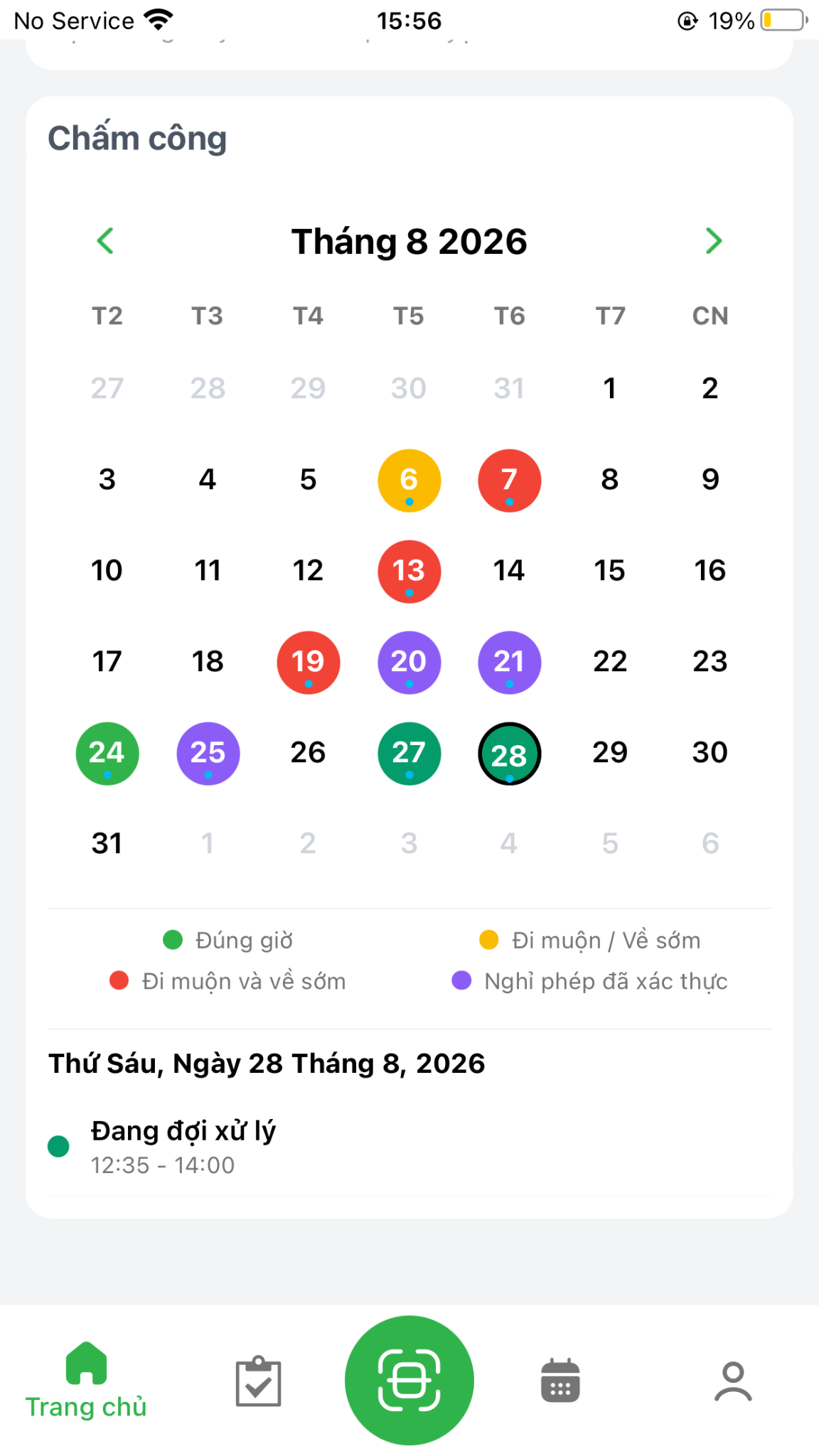 Personal monthly attendance calendar and daily status breakdown