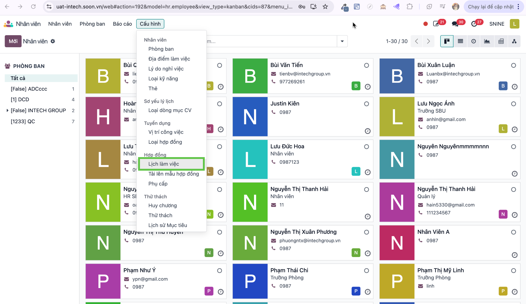 Working schedules menu navigation under employee configuration