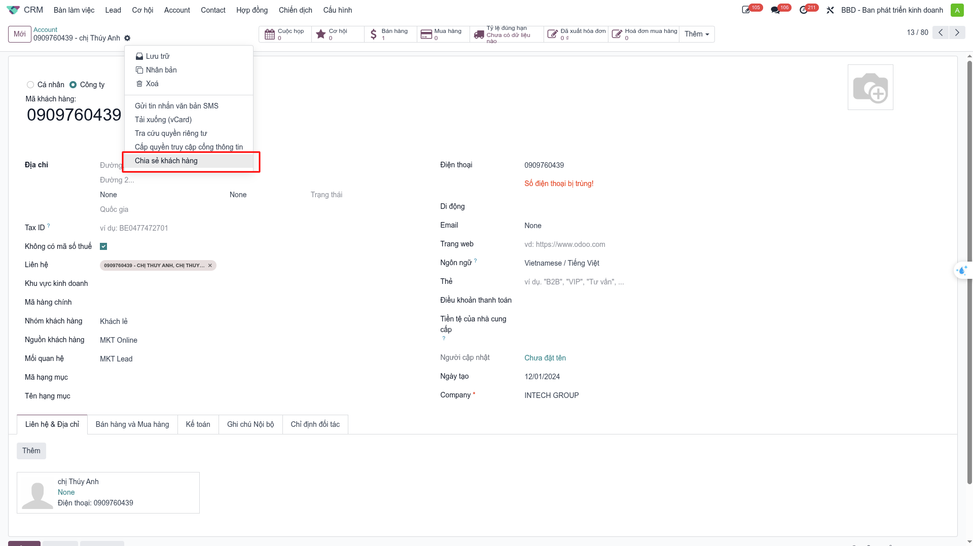 Customer form action menu and share customer selection