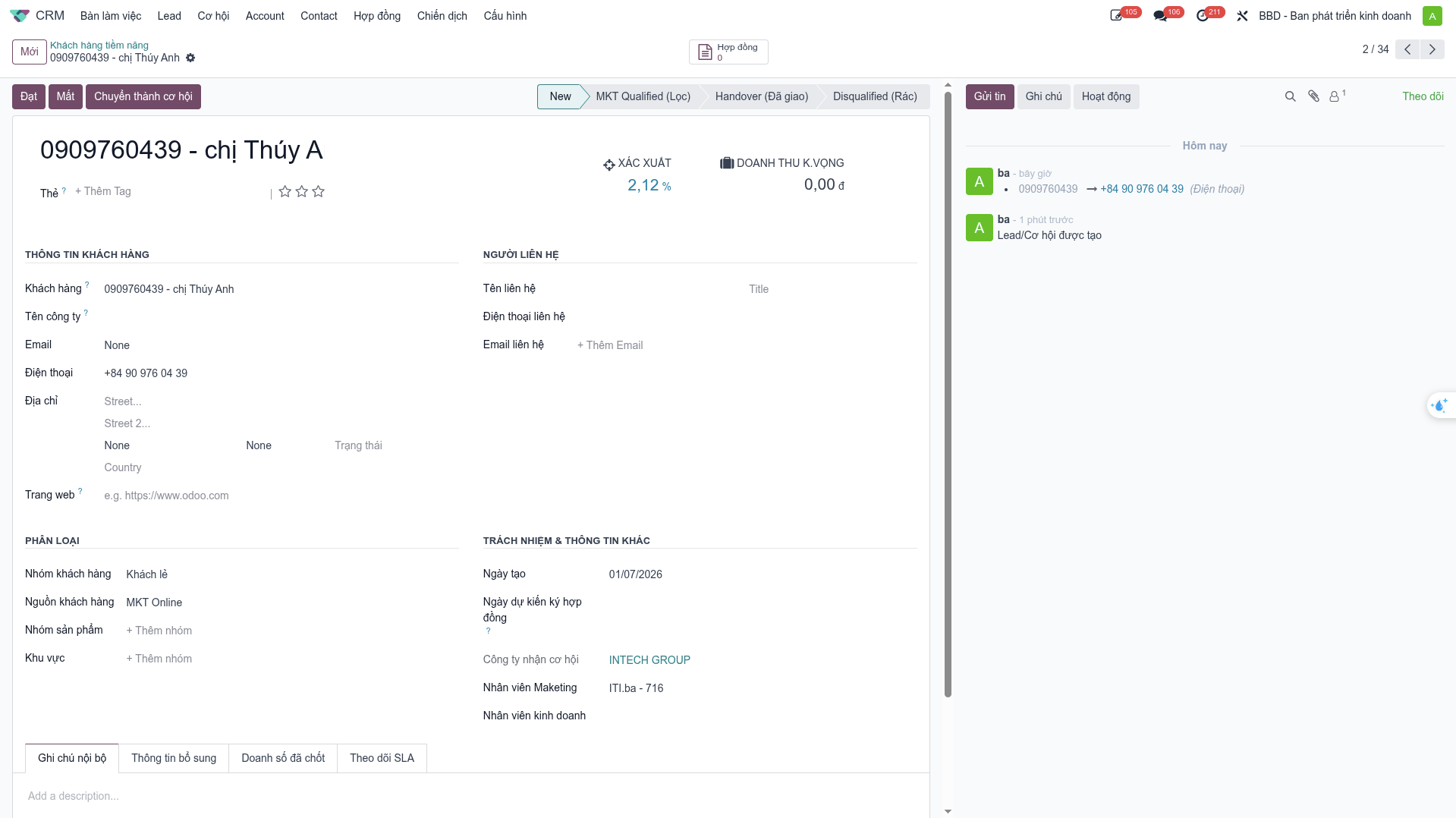 Automated lead generated in receiving SBU workspace