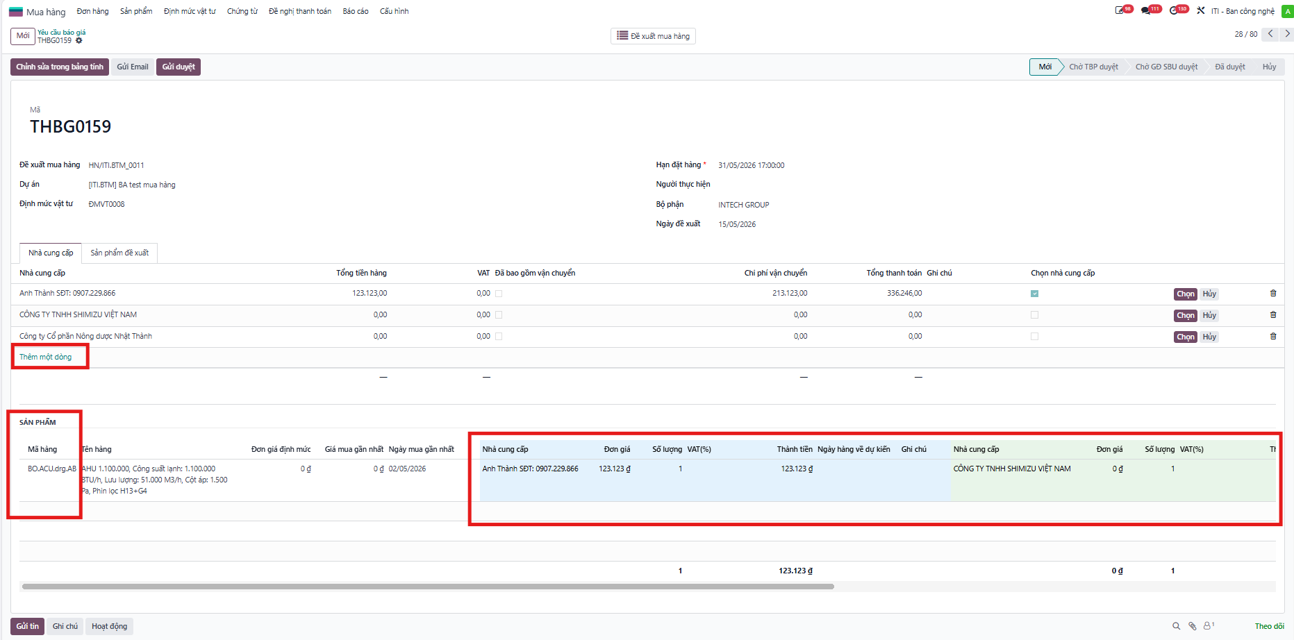 RFQ details and vendor list view