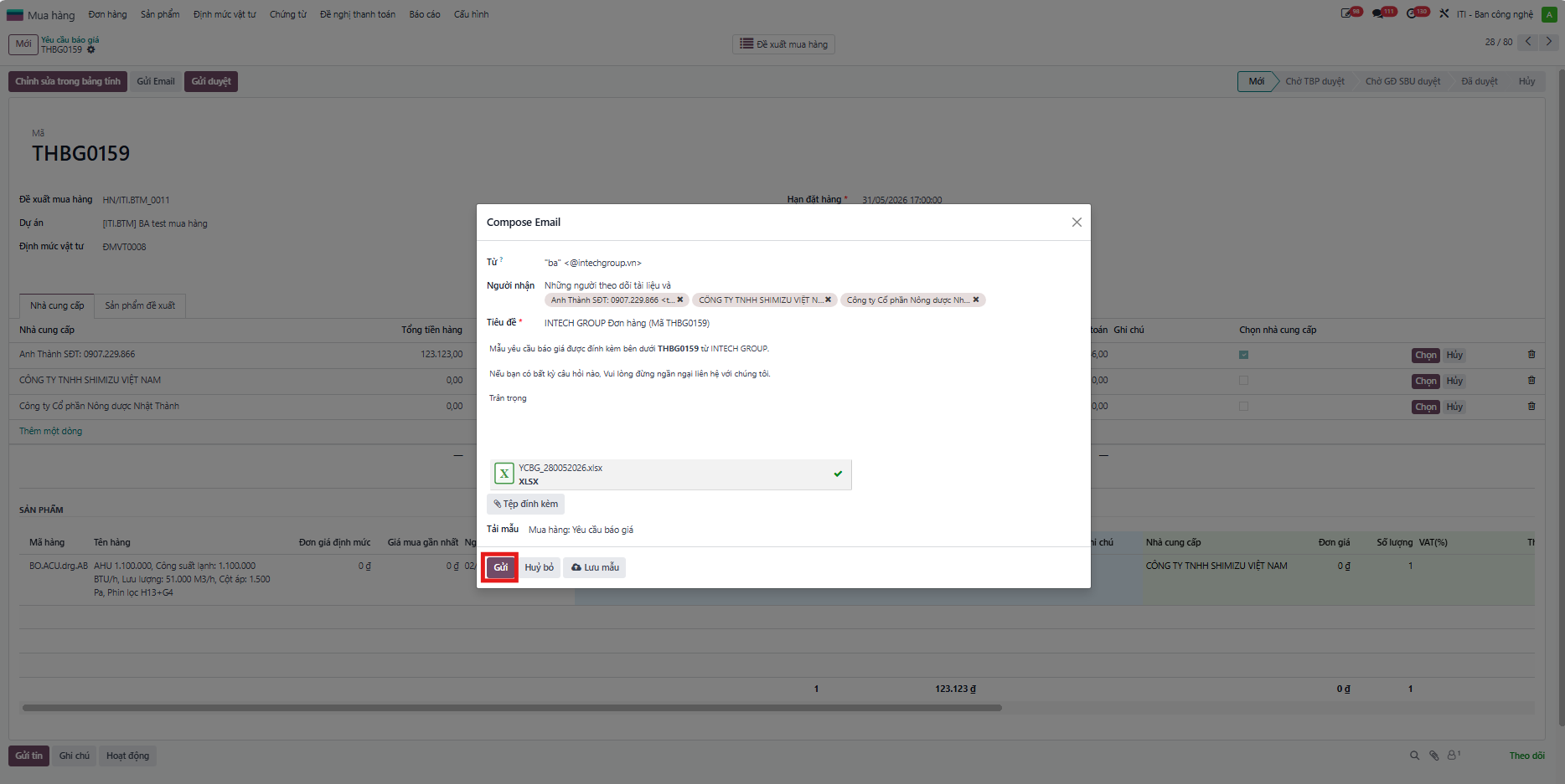 Confirming email dispatch to suppliers