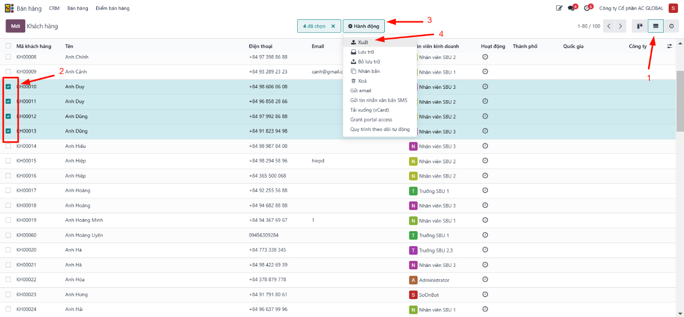 Action menu and export customer selection