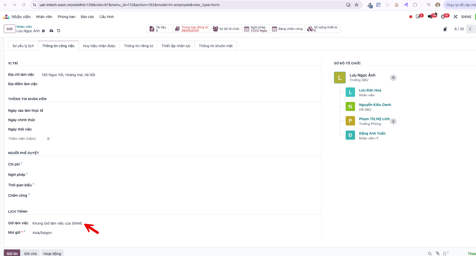Assigning working schedule to employee profile