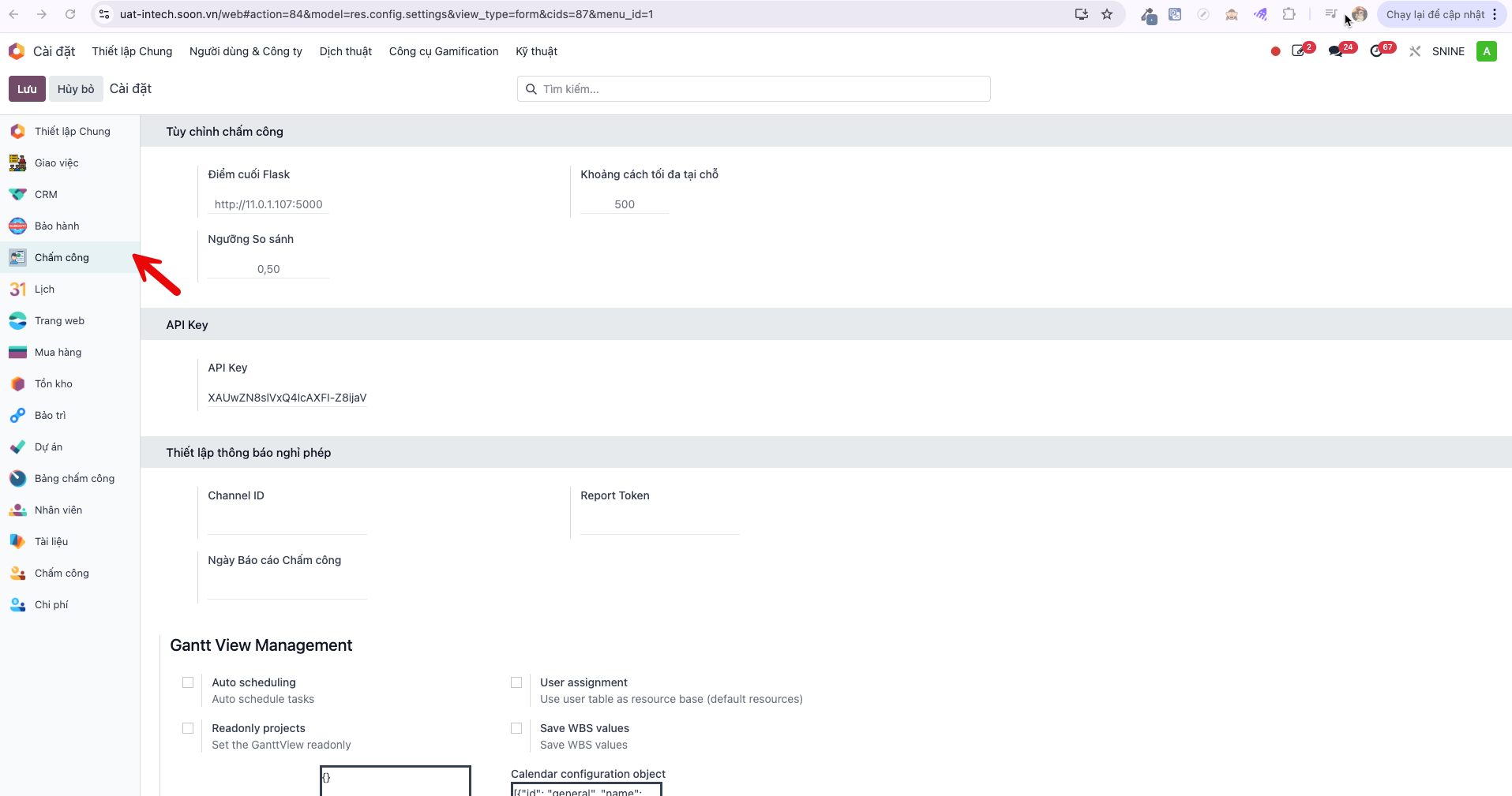 General settings navigation for attendance module