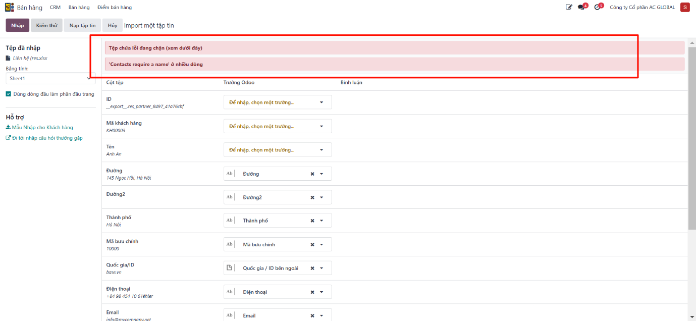 Error warning during customer import validation
