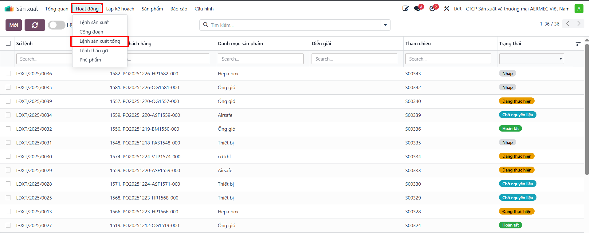 Master manufacturing orders menu and list view